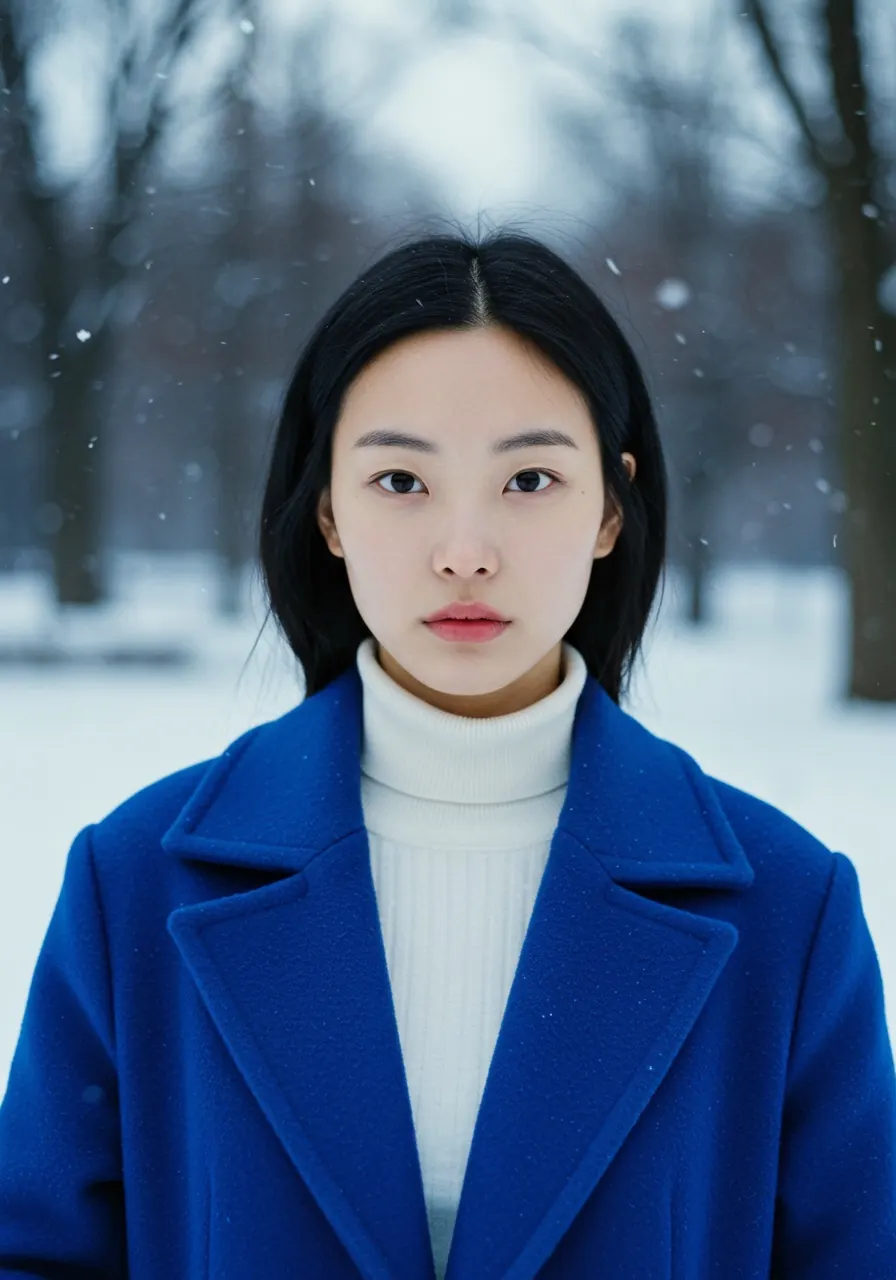 겨울 쿨톤에게 어울리는 블랙, 퓨어 화이트, 네이비, 로열 블루 등 차가운 언더톤 · 강한 명도 대비 · 고채도 또는 무채색 컬러 예시